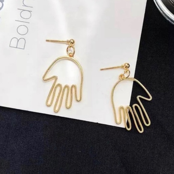 Abstract Hand Gold Metal Dangle Earrings - Picture 2 of 4